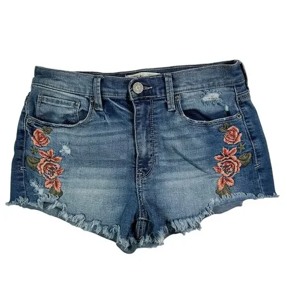 Mudd Jean Shorts 5 High Rise Shortie Floral Embroidered Frayed Raw Hem Stretch - Picture 1 of 13